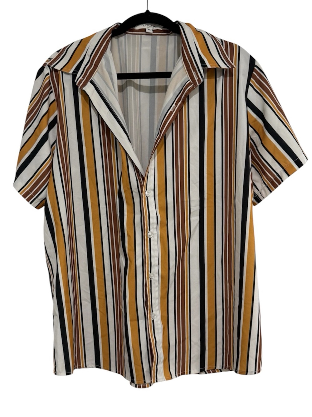Men's Short Sleeve Striped Button-Up Shirt – Mustard/Brown/Black Size XL